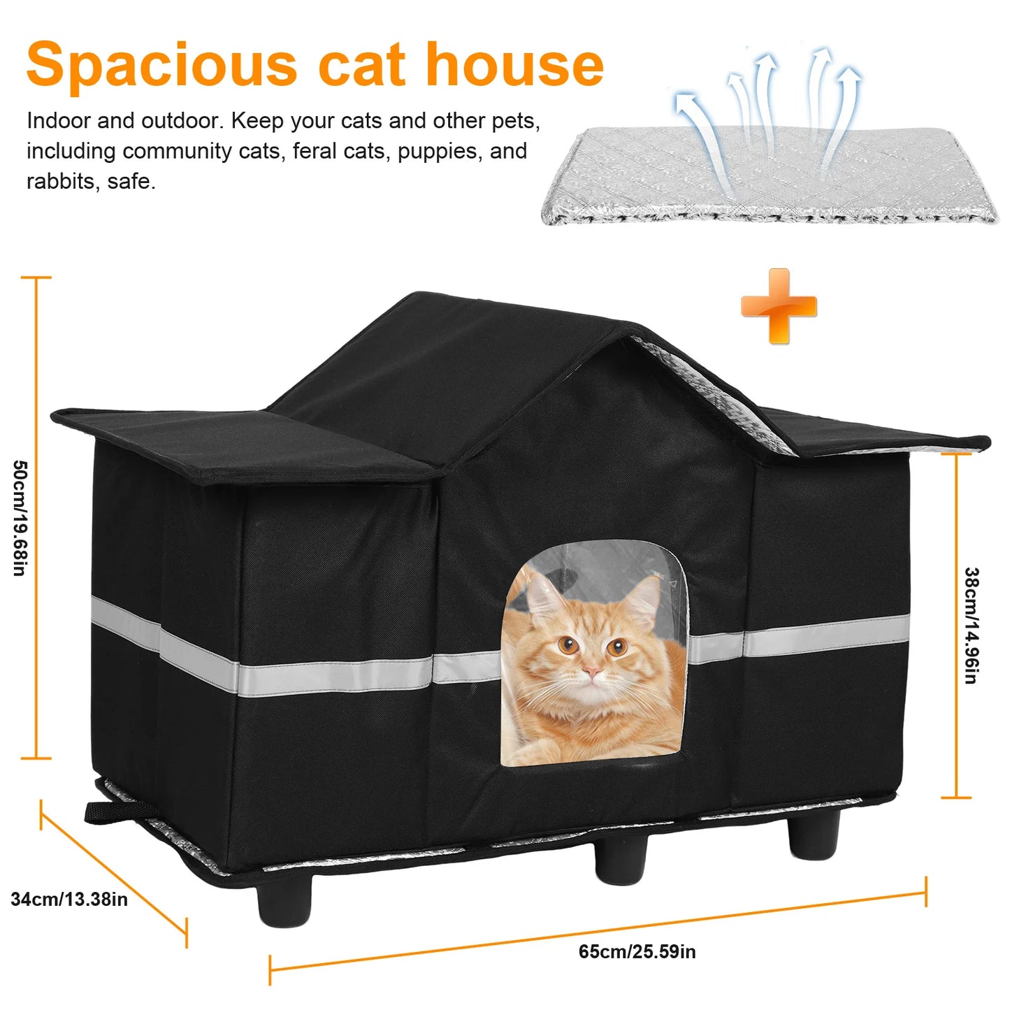 Waterproof Outdoor Large Cat Shelter & Roof Window Elevated Pet House Feral Cat House for Stray/Barn Cats with Cozy Cushion