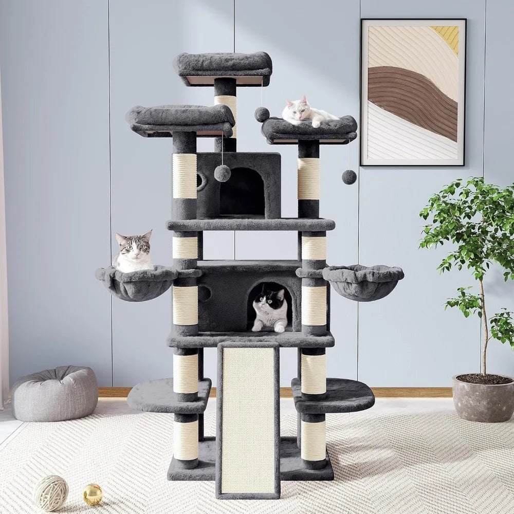 Allewie 68 Inches Cat Tree/House and Towers for Big Feline/Scratching Post/Multi-Level Large Kitty Climbing Tree with Condo/Smok