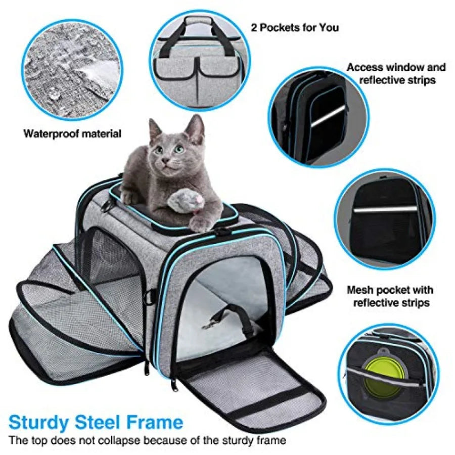 Airline Approved Large Soft Sided Pet Carrier Expandable with Removable Fleece Pad and Pockets for Cats Dogs Small Animals in G