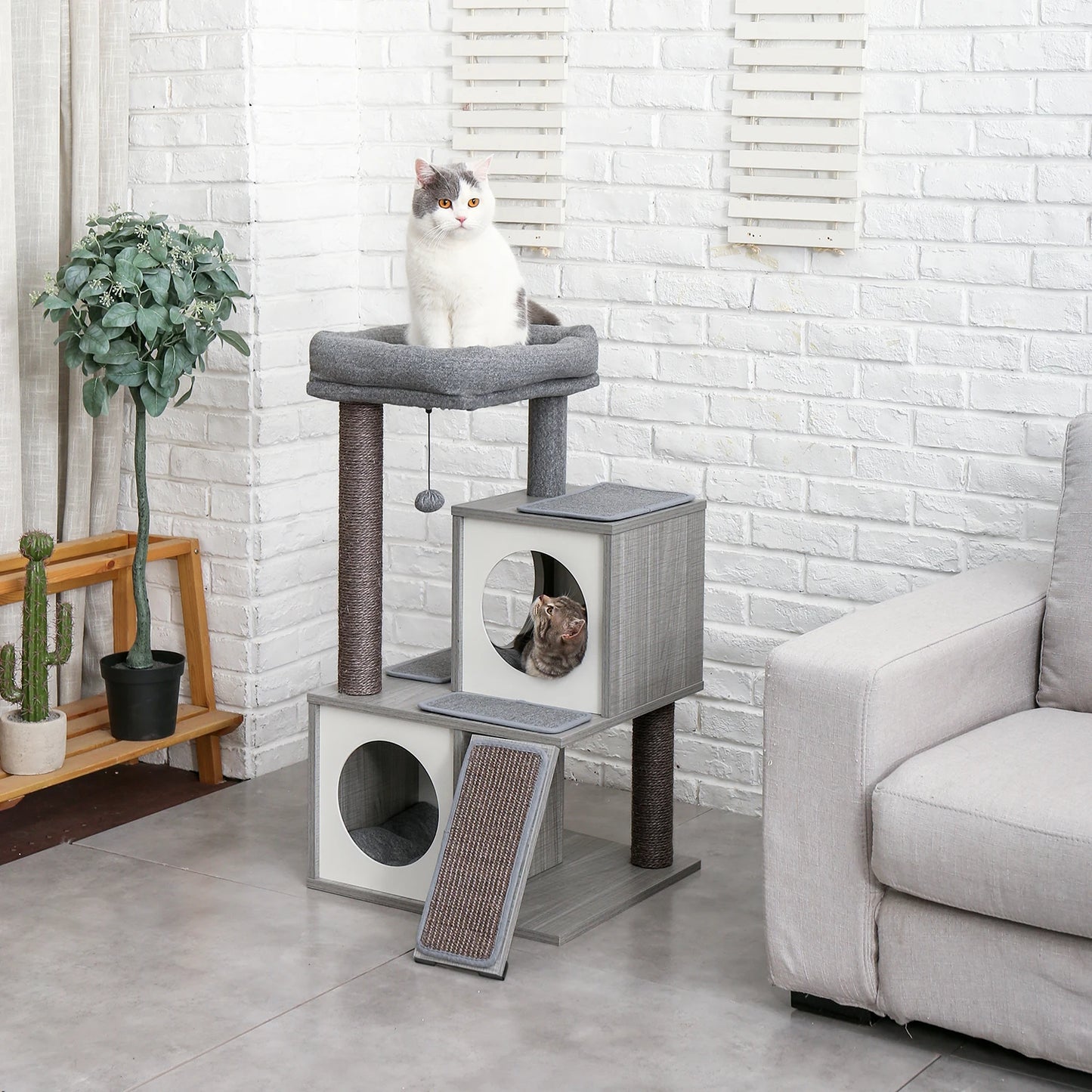 Wooden Cat Tower with Double Condos Spacious Perch Fully Wrapped Scratching Sisal Posts and Replaceable Dangling Balls