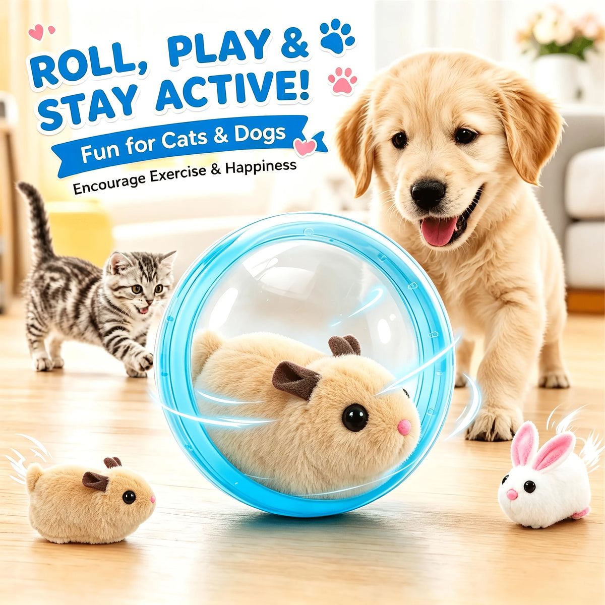 Self‑Rotating Obstacle Avoid Electric Cat Toy Ball, Battery Powered Transparent Interactive Plush Rabbit Rolling Pet Ball for Cats Small Dogs Indoor Exercise