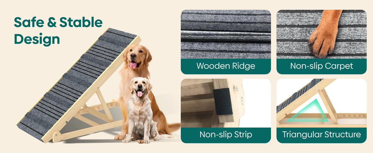 7-Height Adjustable Dog Ramp for Bed, Solid Wood Folding Pet Ramp with Anti-Slip Carpet Surface, No Assembly, Supports 150 lbs