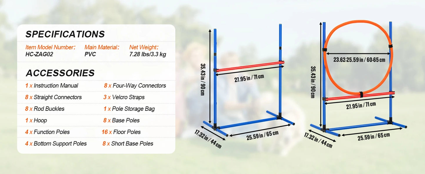 SucceBuy Dog Agility Training Equipment 4 PCS Set with Adjustable High Hurdles 6 Weave PolesJump Ring Square Pause Box Whistle
