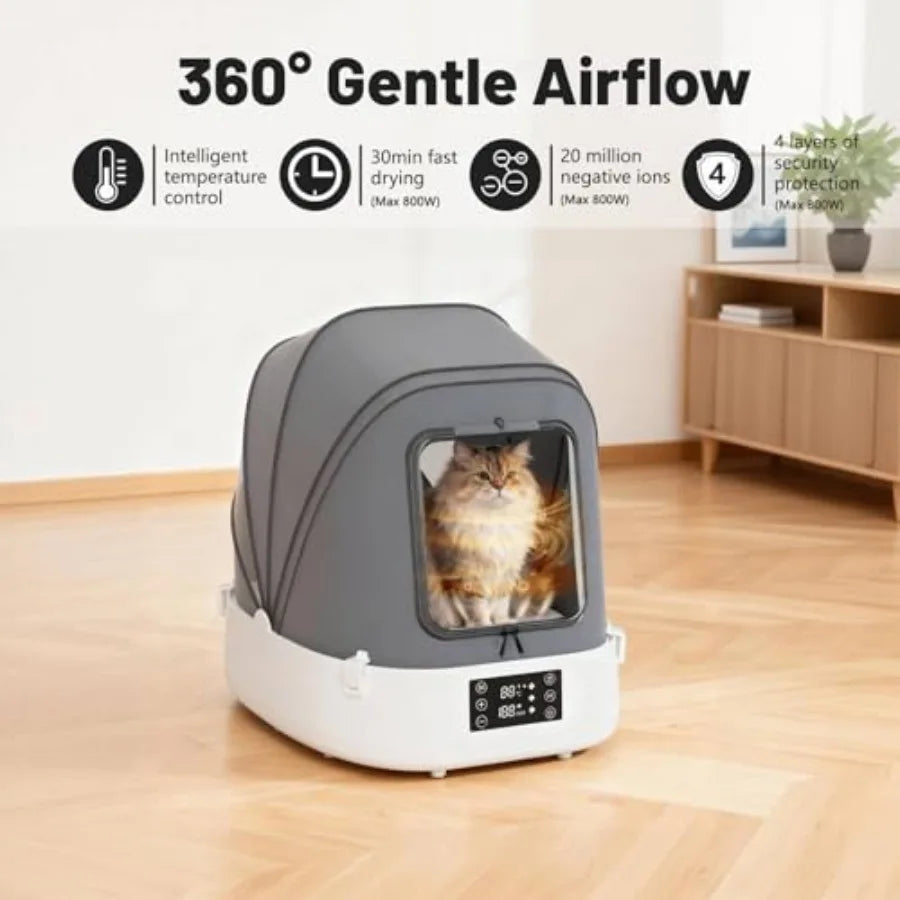 Automatic Pet Dryer Box with 86CFM Dual Fans 60L Foldable Design 360 Quiet Airflow Temperature/Time Control Grooming Hair Blowe