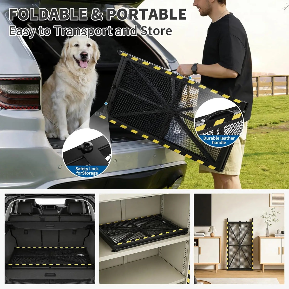 71 inch Collapsible & Portable Dog Ramp for Cars, SUVs, Trucks & RVs – Heavy Duty, Non-Slip Mesh Surface, Carry Handle, Ideal for Medium & Large Dogs, 300 lbs Capacity