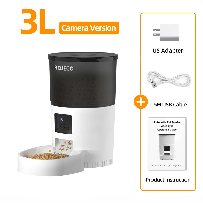 ROJECO 3L Automatic Dog Feeder With Camera Smart Pet Food Dispenser For Dogs WIFI Remote Food Feeding with Stainless Steel Bowl