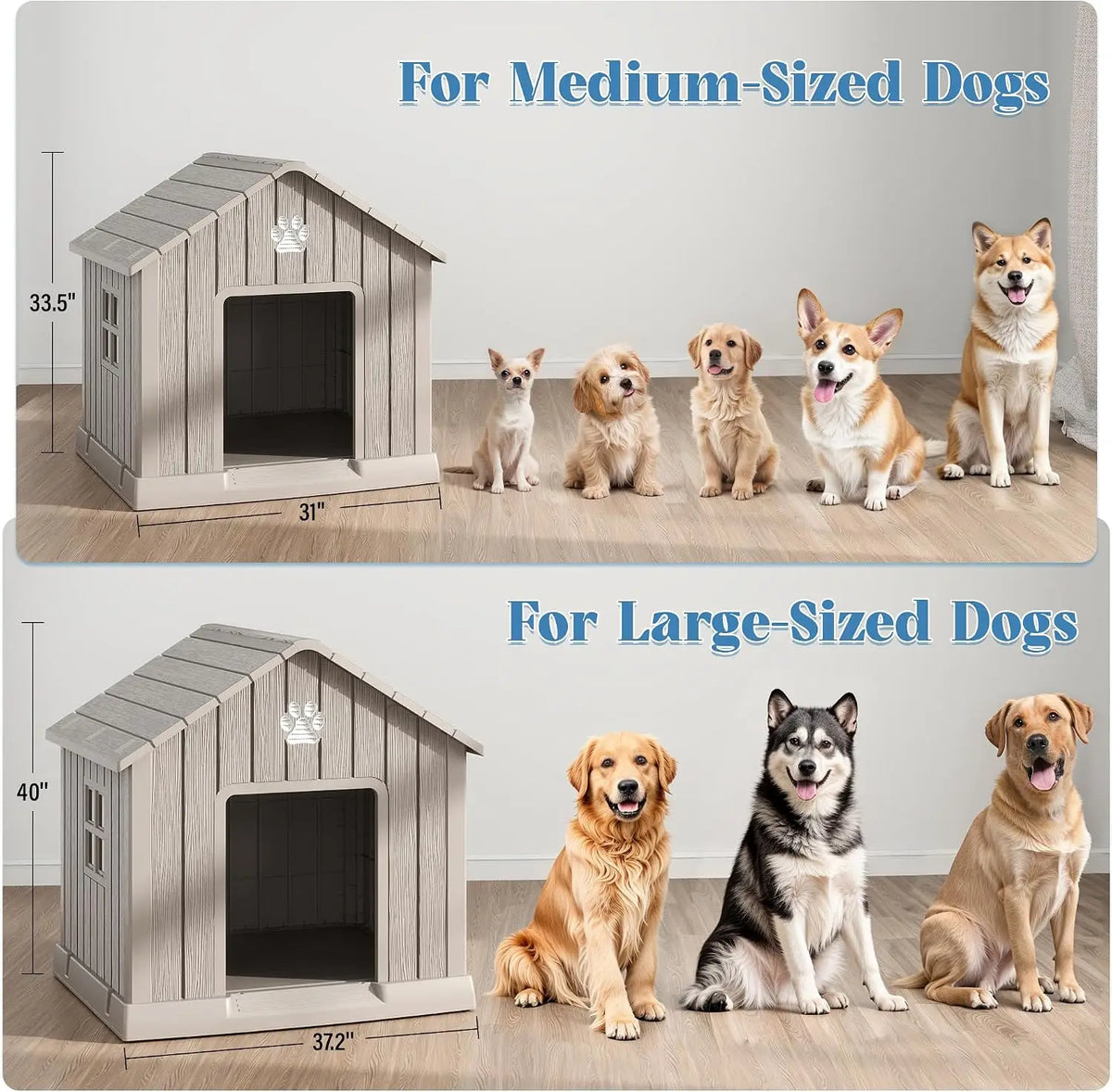 Dog House with Window, Waterproof, Elevated Floor, Easy to Clean, for Small Medium Dogs, Grey