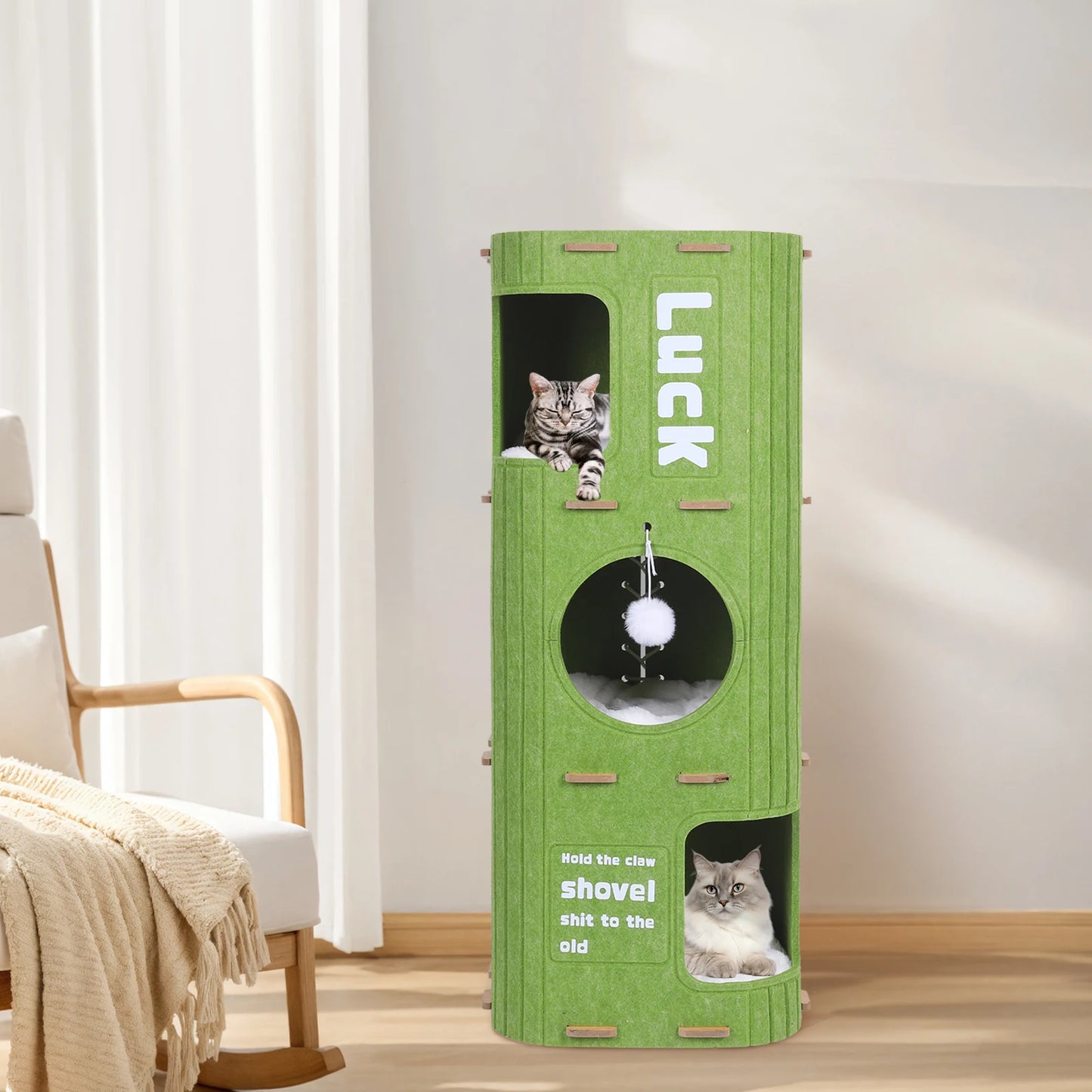 3-Tier Green Felt Cat Bed Multifunction Integrated Felt Cat Cave Creative Cat Bucket for Multi-Cat Family Pet Entertain Nest