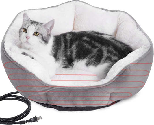 Heated Cat Bed 20x20in for Cats & Small Dogs - Warm Plush Round Heating Bed with Overheat Protection