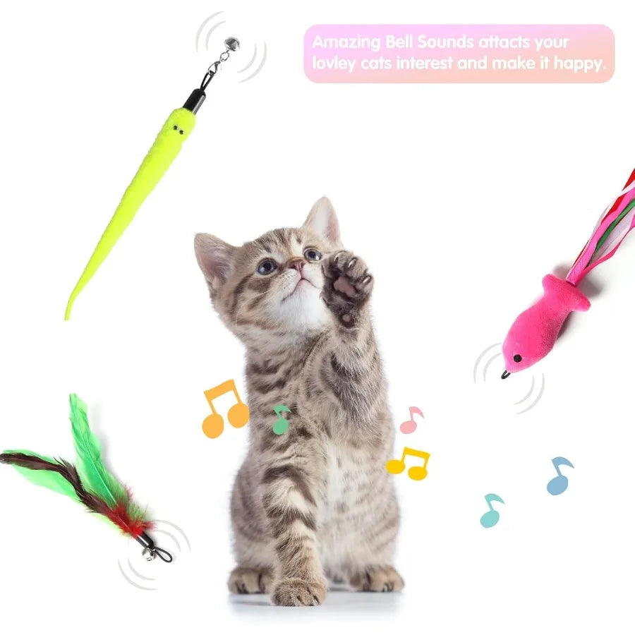 Retractable Cat Toy Wand 12 Packs Interactive Cat Feather Toys 9 Assorted Teaser Refills with Bell for Kitten Pink