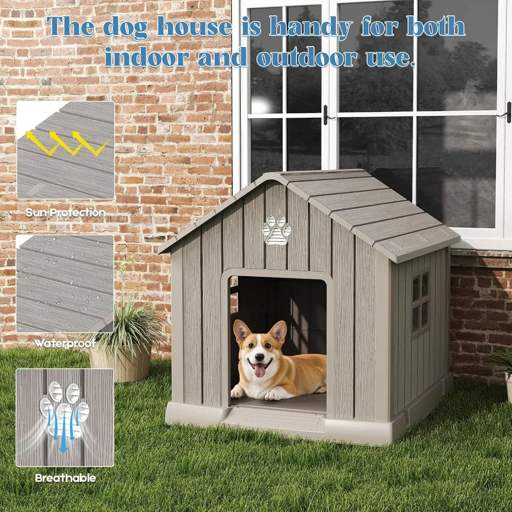 Dog House with Window, Waterproof, Elevated Floor, Easy to Clean, for Small Medium Dogs, Grey