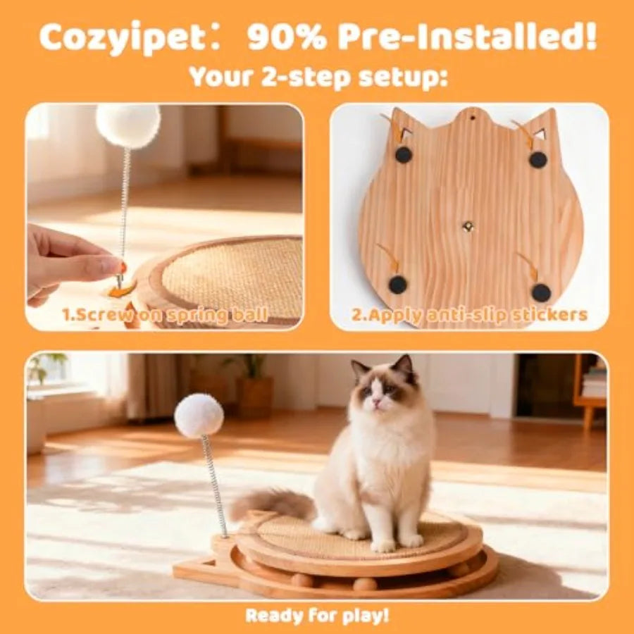 Sisal Cat Scratcher with Ball Track and Spring Toy 3-in-1 Wooden Interactive Cat Toys for Indoor Cats and Kitties Natural Brown