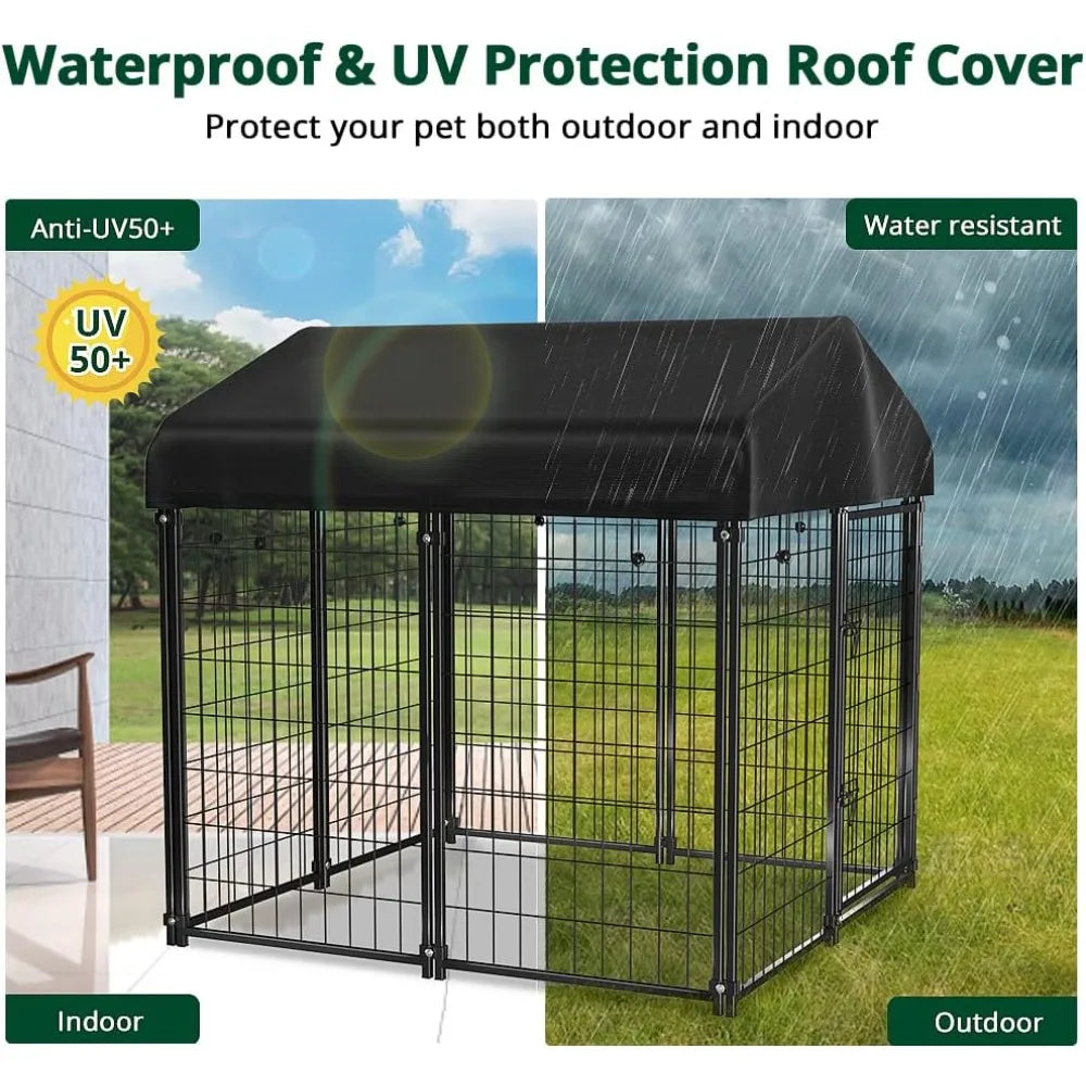Dog Kennel Outdoor, Dog House with Roof Waterproof Cover for Medium to Small Dog Outside 4ft x 4ft x 4.5ft, Pet Enclosure