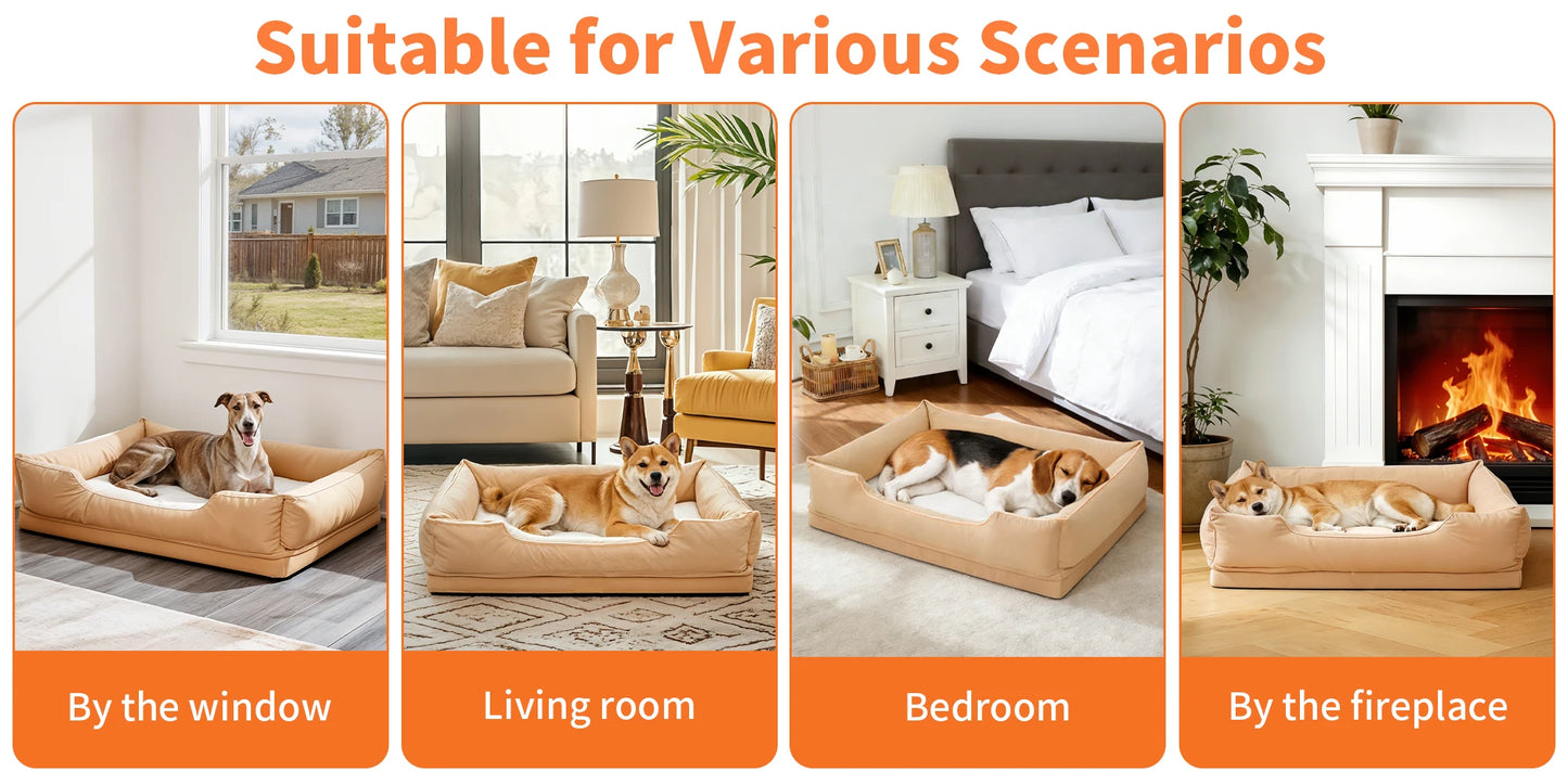 M-3XL Rectangular Dog Beds Orthopedic Dog Pet Sofa Couch Bed with Bolster Washable Pet Couch Lounger Sponge Base for Large Dogs Waterproof Lining Removable Cover