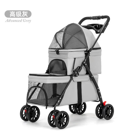 Foldable Double Decker Pet Stroller 4 Wheels Breathable Mesh Puppy Cat Travel Stroller for Multi-Pet Families Outdoor Walking
