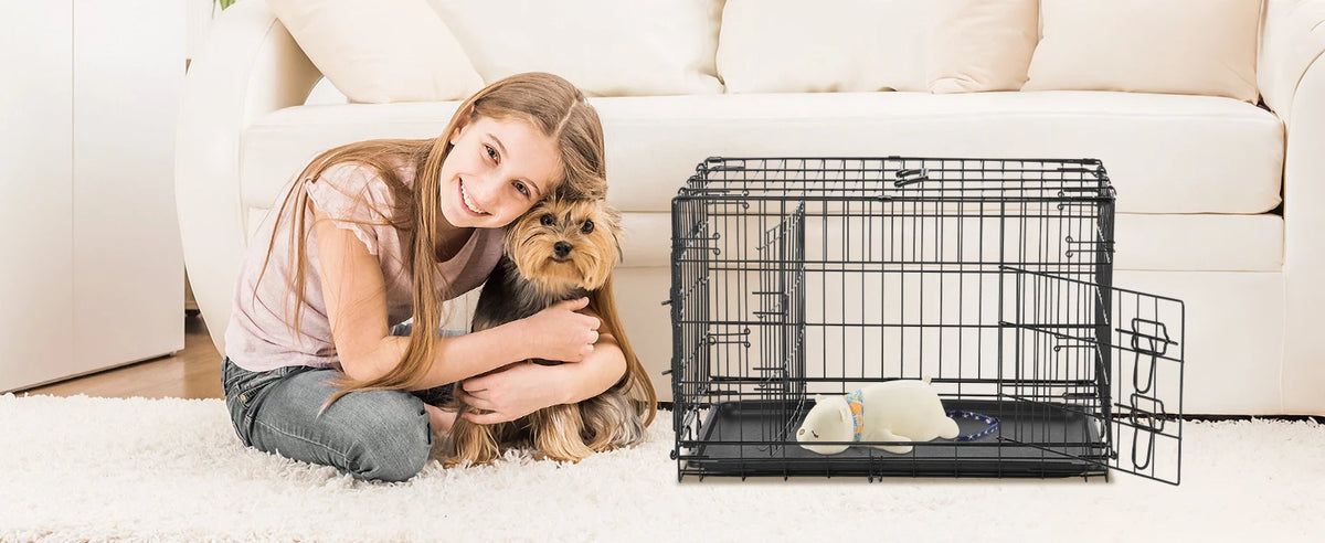 JHK 48 Inch Double Door Folding Metal Wire Dog Cage with Plastic Leak-Proof Pan Tray Extra Large Pet Kennel for Outdoor Travel