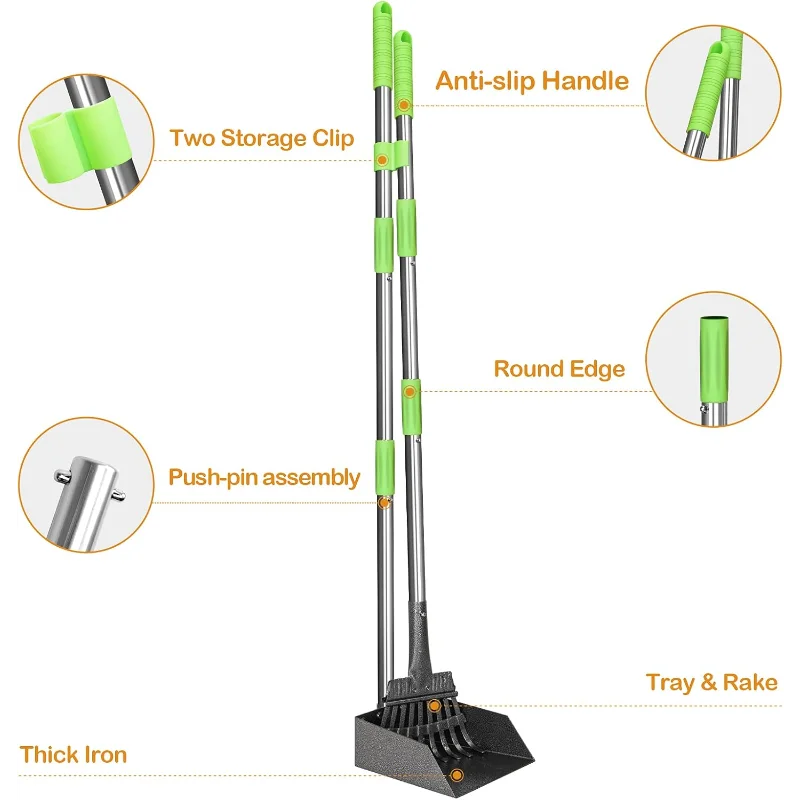 Dog Pooper Scooper Long Handle Stainless Metal Tray and Rake for Medium Small Dogs Heavy Duty Pet Supplies