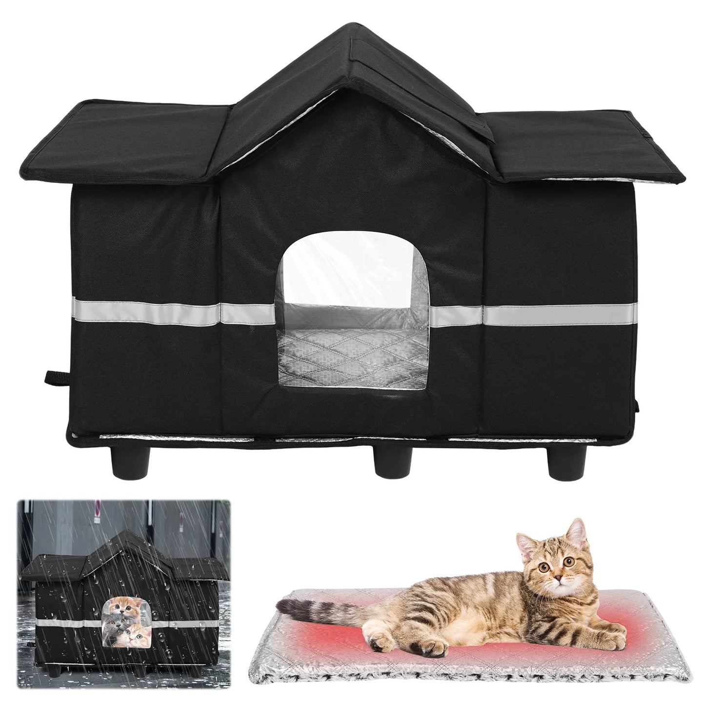 Waterproof Outdoor Large Cat Shelter & Roof Window Elevated Pet House Feral Cat House for Stray/Barn Cats with Cozy Cushion
