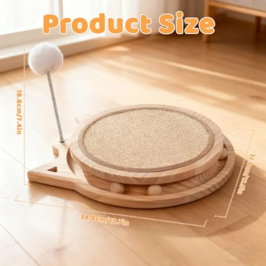 Sisal Cat Scratcher with Ball Track and Spring Toy 3-in-1 Wooden Interactive Cat Toys for Indoor Cats and Kitties Natural Brown