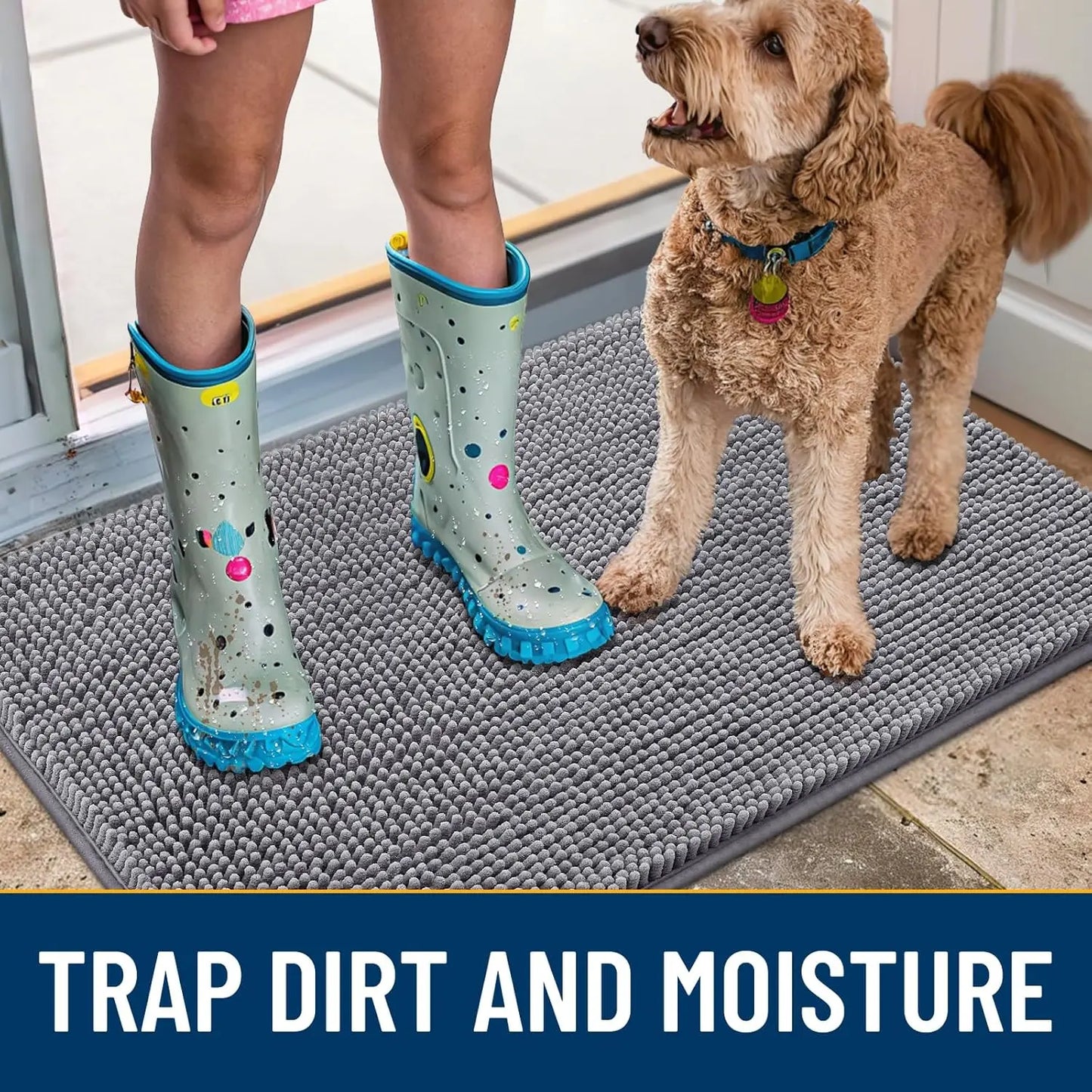 Absorbent Non-Slip Dog Door Mat for Muddy Paws, Quick Dry Washable Chenille Indoor Entryway Carpet, Grey 48x30