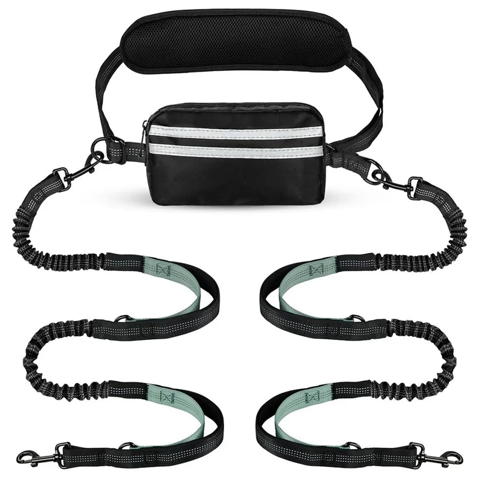 Hands Free Dual Dog Leash with Pouch for Medium & Large Dogs - Crossbody & Waist Leash for Dog Walking - No Pull, Tangle Free