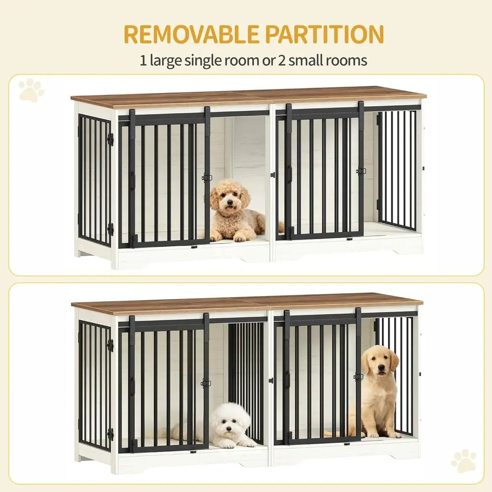 Heavy Duty Wooden Double Dog Cage with Divider, Large Pet Kennel, Barn Door, Suitable for Medium to Small Dogs, White/Brown