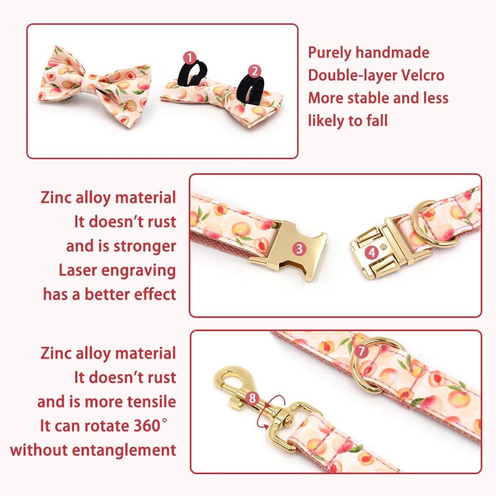Honey Peach Pattern Dog Collar Personalized Fruit Collection Luxury Bowtie Dog Collar and Leash Set with Poop Bag Pet Cat Collar