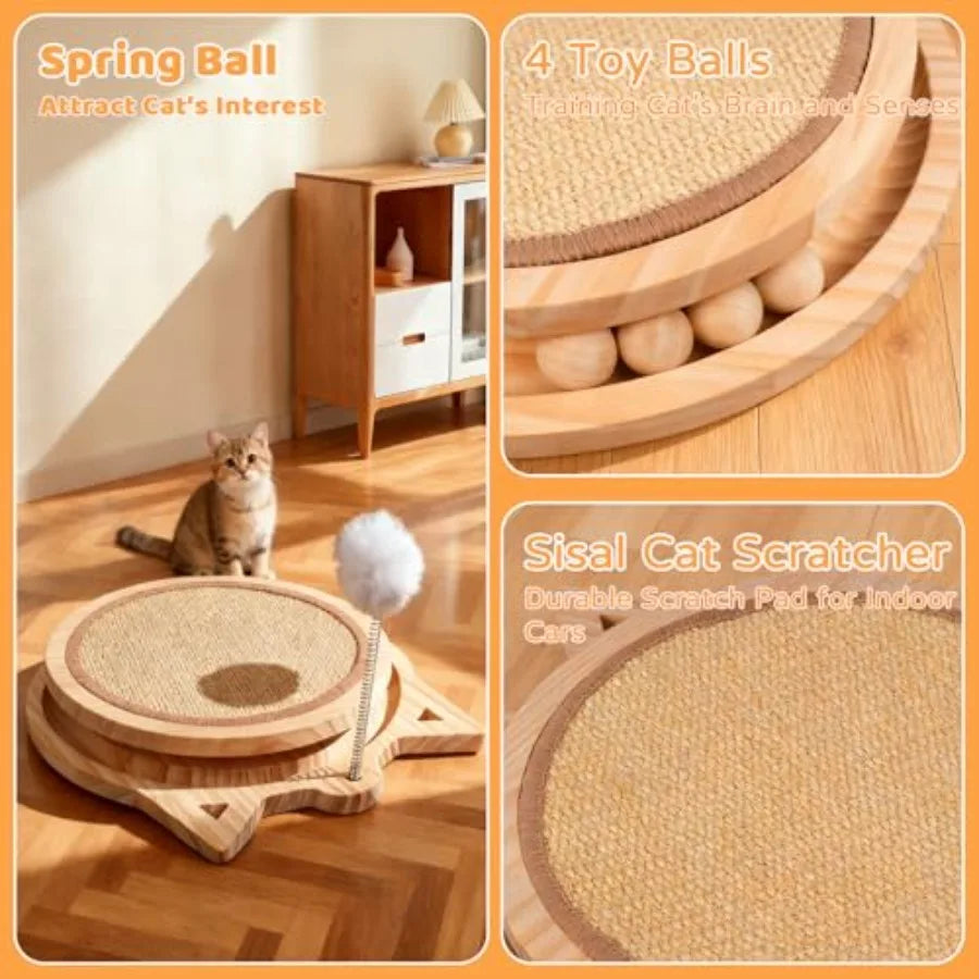 Sisal Cat Scratcher with Ball Track and Spring Toy 3-in-1 Wooden Interactive Cat Toys for Indoor Cats and Kitties Natural Brown