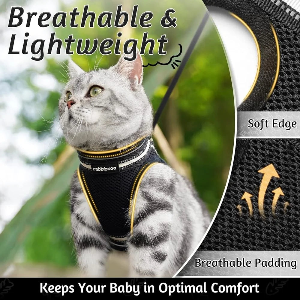 Cat Harness and Leash Set Escape Proof Adjustable Soft Vest Reflective Strip Comfortable Outdoor Walking Kittens Pets
