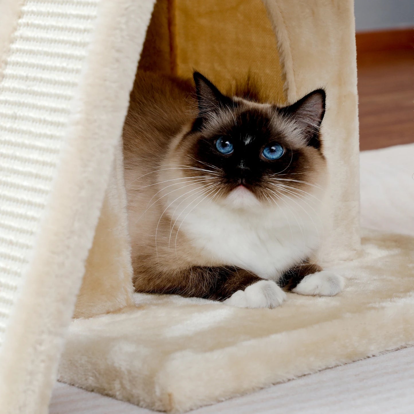 Wooden Cat Tower with Double Condos Spacious Perch Fully Wrapped Scratching Sisal Posts and Replaceable Dangling Balls