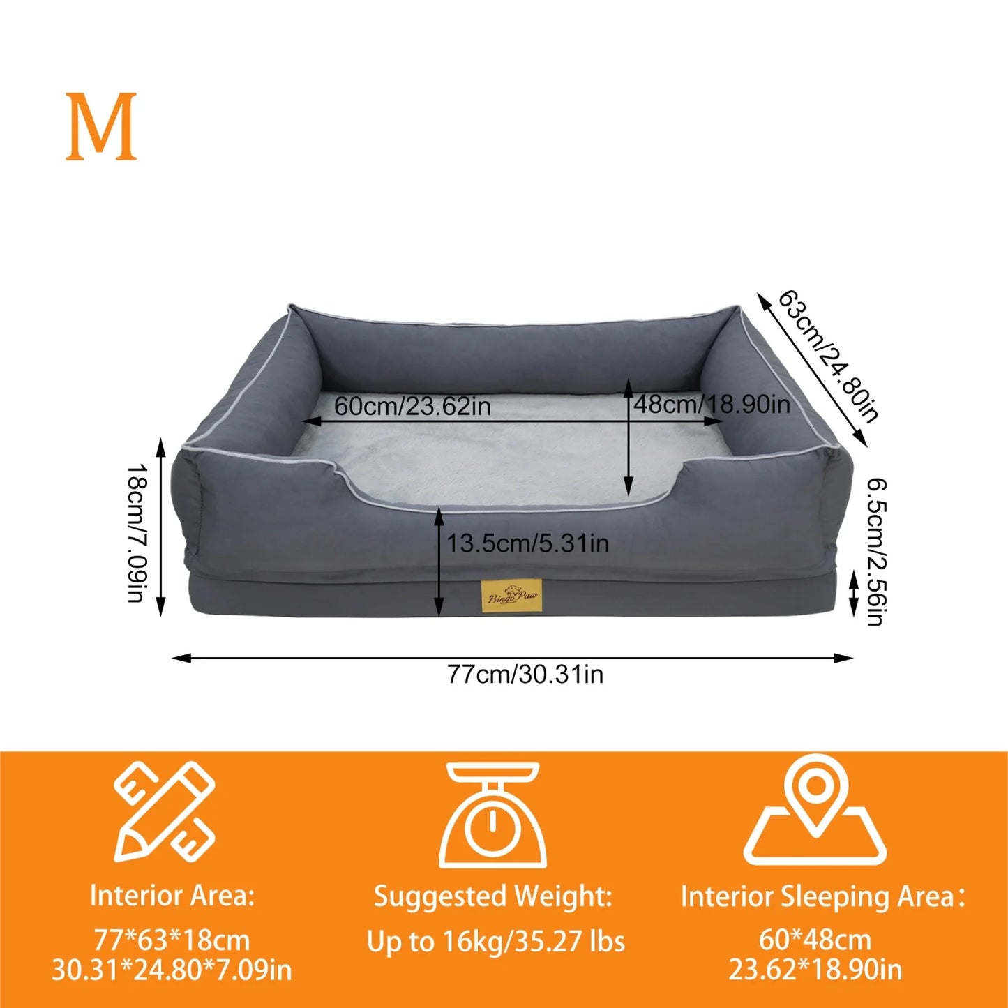 M-3XL Rectangular Dog Beds Orthopedic Dog Pet Sofa Couch Bed with Bolster Washable Pet Couch Lounger Sponge Base for Large Dogs Waterproof Lining Removable Cover