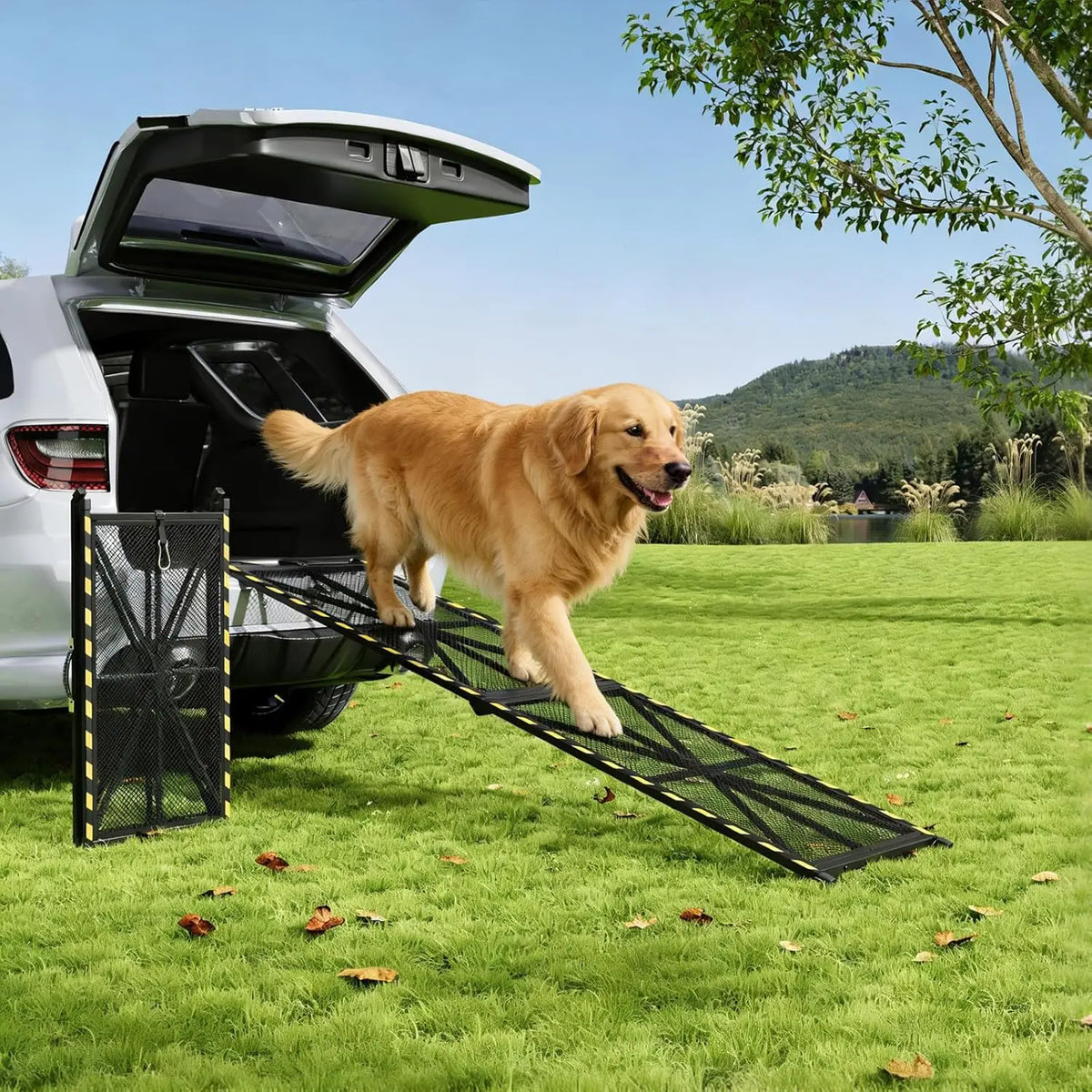 71 inch Collapsible & Portable Dog Ramp for Cars, SUVs, Trucks & RVs – Heavy Duty, Non-Slip Mesh Surface, Carry Handle, Ideal for Medium & Large Dogs, 300 lbs Capacity