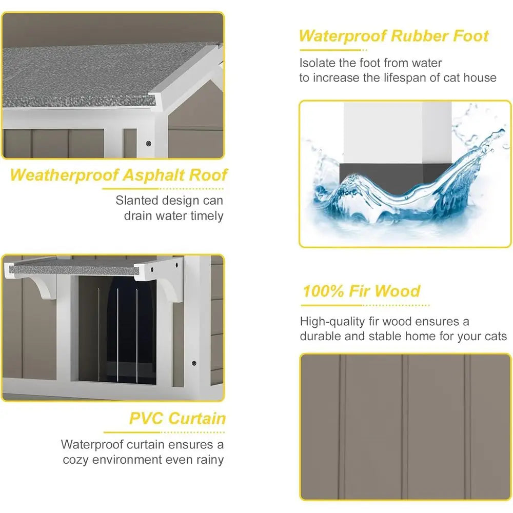 Outdoor Cat Shelter with Balcony, Weatherproof House for 1-3 Cats, Grey Wooden Enclosure with Elevated Base