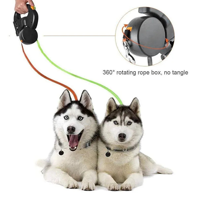 Leash for Pet Dogs Self-rolling Retractable Leash For 2 Dogs Retractable 360° Rotation With LED Light 2-way Leash Roll Type