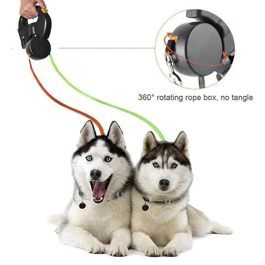 Leash for Pet Dogs Self-rolling Retractable Leash For 2 Dogs Retractable 360° Rotation With LED Light 2-way Leash Roll Type