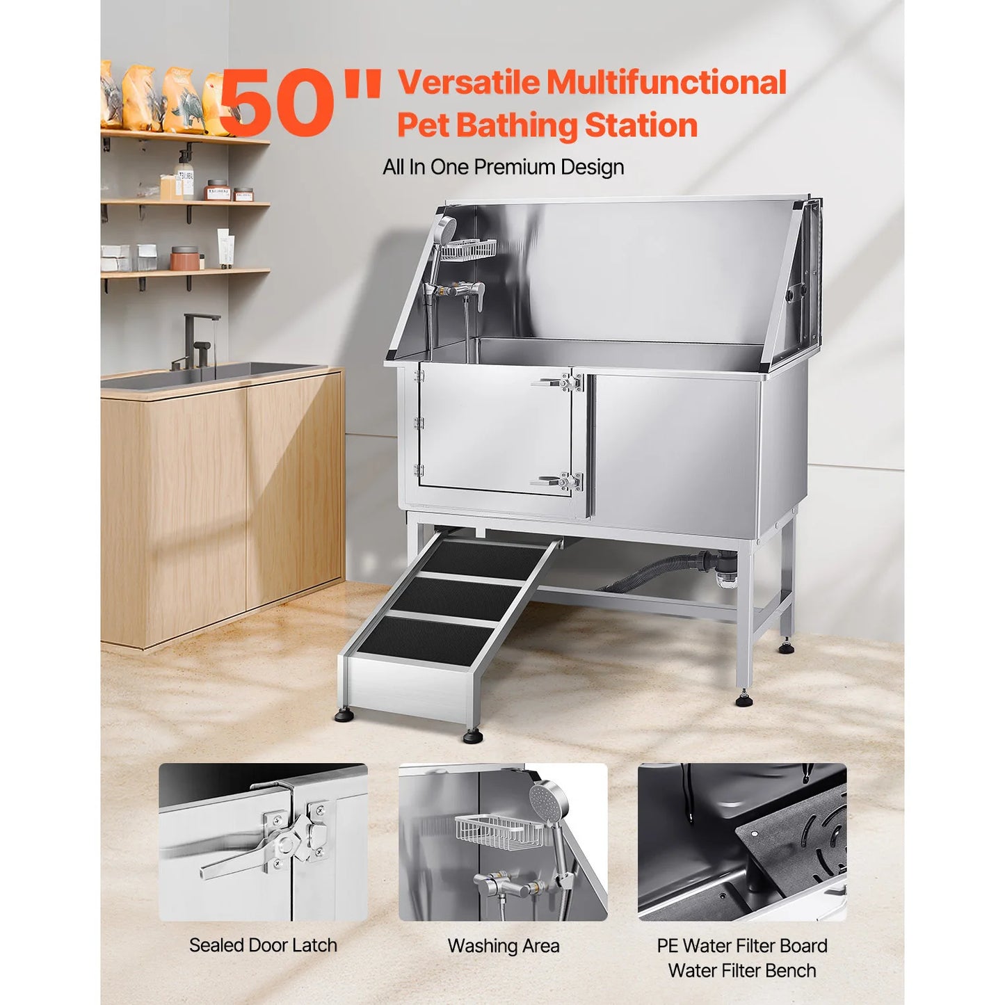 SucceBuy Stainless Steel Station 50 inch Pet Tub w/ PE WaterFaucet & Showerhead & Soap Bathtub to Large & Medium & Small Pets