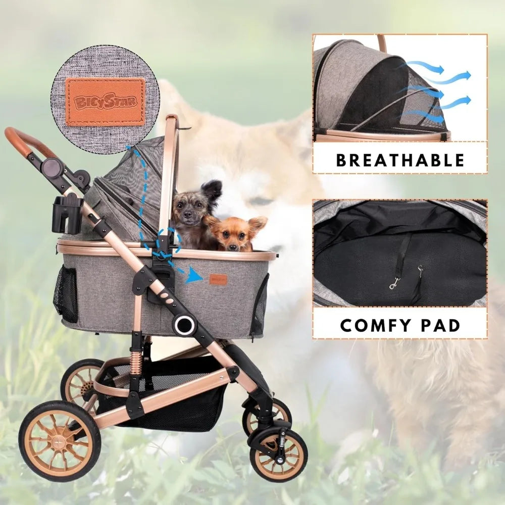 Pet Stroller with 4 Wheels, Foldable Pet Travel Carrier for Small/Medium Dogs Cats up to 50lbs, Detachable Portable Pet Bag, Sto