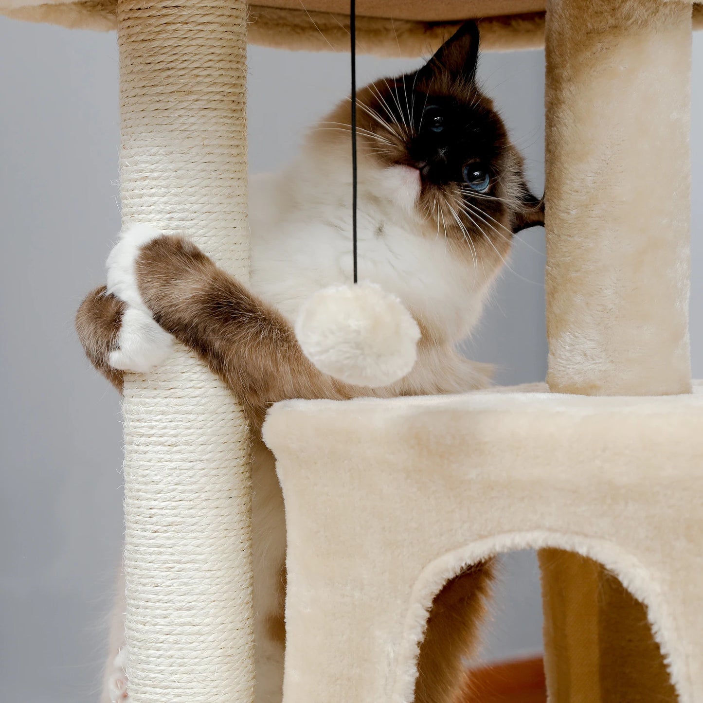 Wooden Cat Tower with Double Condos Spacious Perch Fully Wrapped Scratching Sisal Posts and Replaceable Dangling Balls