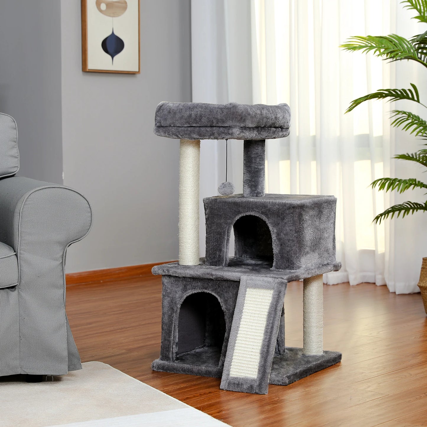 Wooden Cat Tower with Double Condos Spacious Perch Fully Wrapped Scratching Sisal Posts and Replaceable Dangling Balls