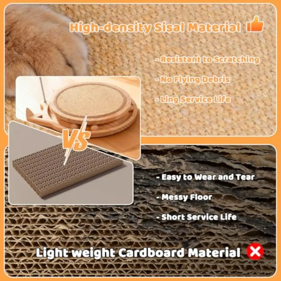 Sisal Cat Scratcher with Ball Track and Spring Toy 3-in-1 Wooden Interactive Cat Toys for Indoor Cats and Kitties Natural Brown