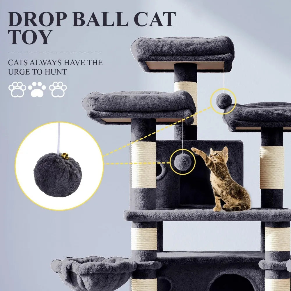 Allewie 68 Inches Cat Tree/House and Towers for Big Feline/Scratching Post/Multi-Level Large Kitty Climbing Tree with Condo/Smok