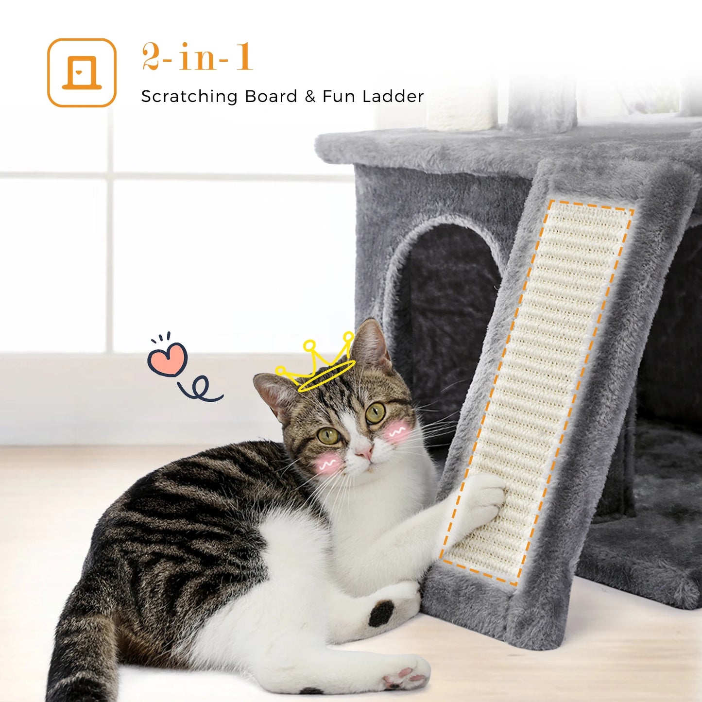 Wooden Cat Tower with Double Condos Spacious Perch Fully Wrapped Scratching Sisal Posts and Replaceable Dangling Balls