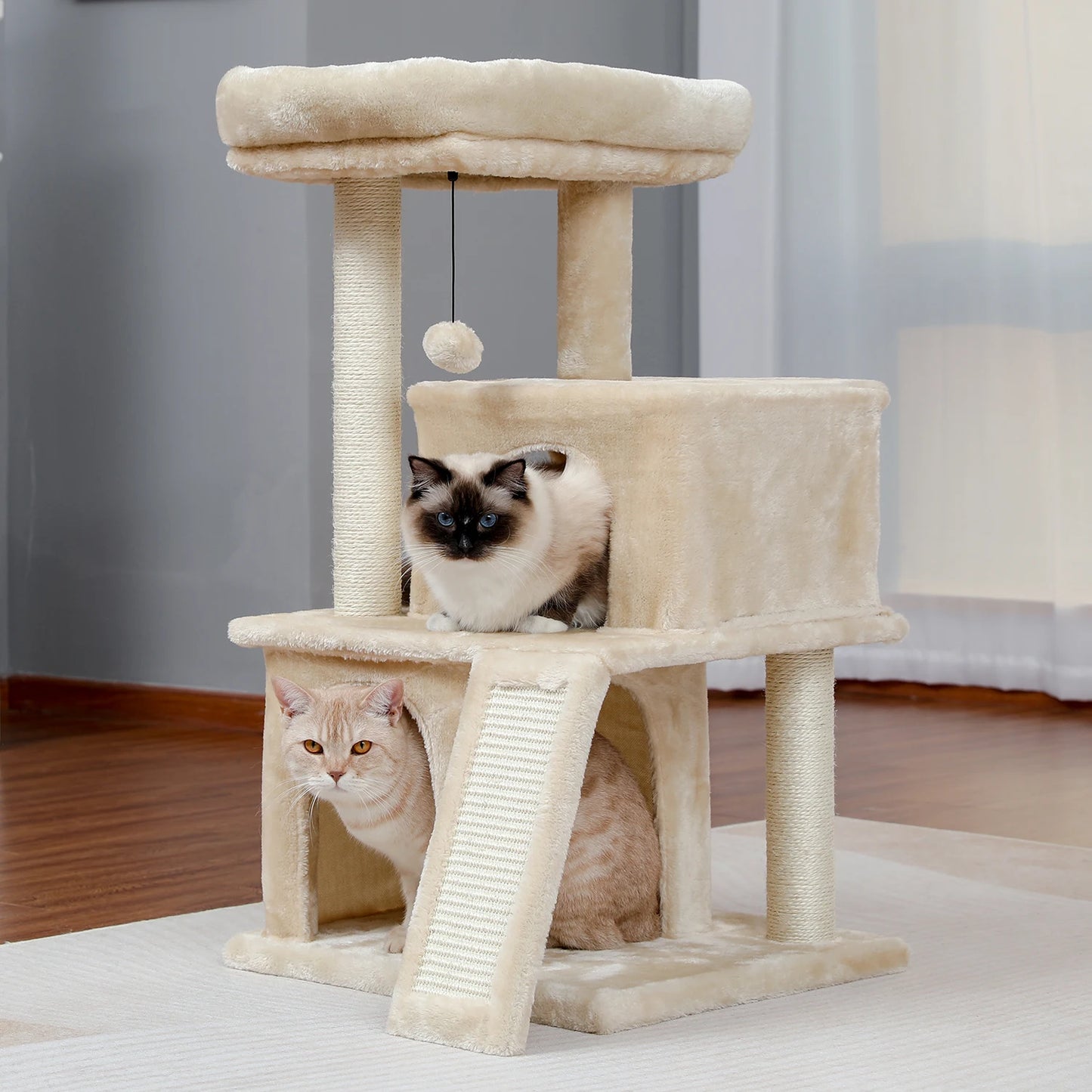 Wooden Cat Tower with Double Condos Spacious Perch Fully Wrapped Scratching Sisal Posts and Replaceable Dangling Balls