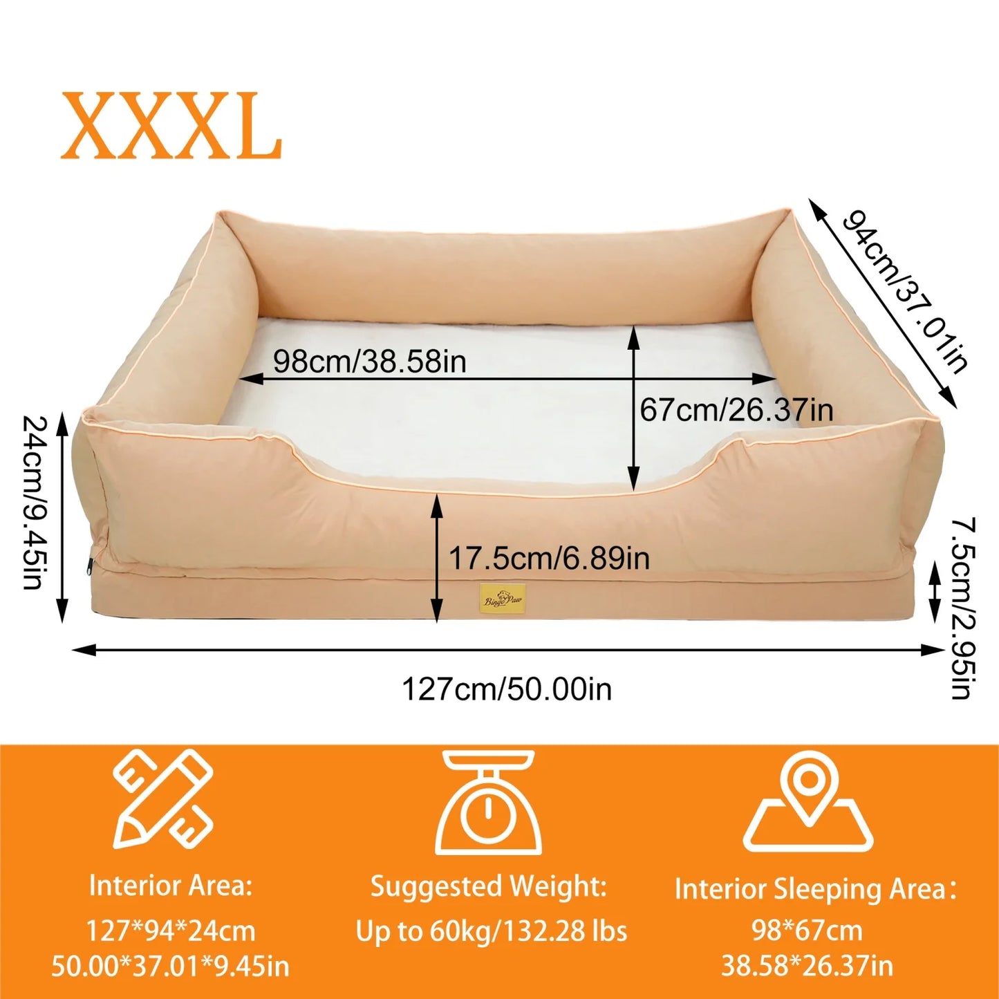 M-3XL Rectangular Dog Beds Orthopedic Dog Pet Sofa Couch Bed with Bolster Washable Pet Couch Lounger Sponge Base for Large Dogs Waterproof Lining Removable Cover