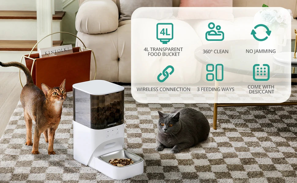 Automatic Cat Feeder, Timed Cat Feeder with APP Control, Dog Food Dispenser with Lock Lid, 30S Voice Recorder, 4L Pet Feeder