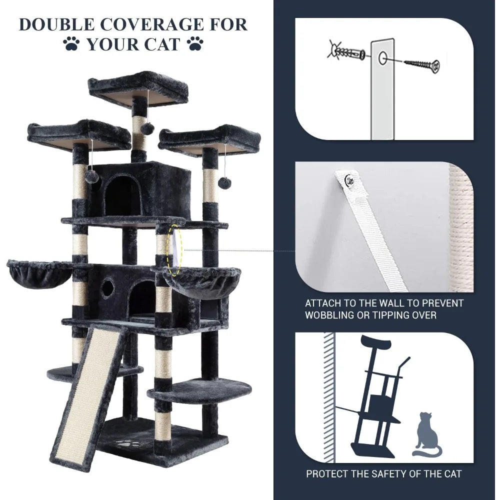 Allewie 68 Inches Cat Tree/House and Towers for Big Feline/Scratching Post/Multi-Level Large Kitty Climbing Tree with Condo/Smok