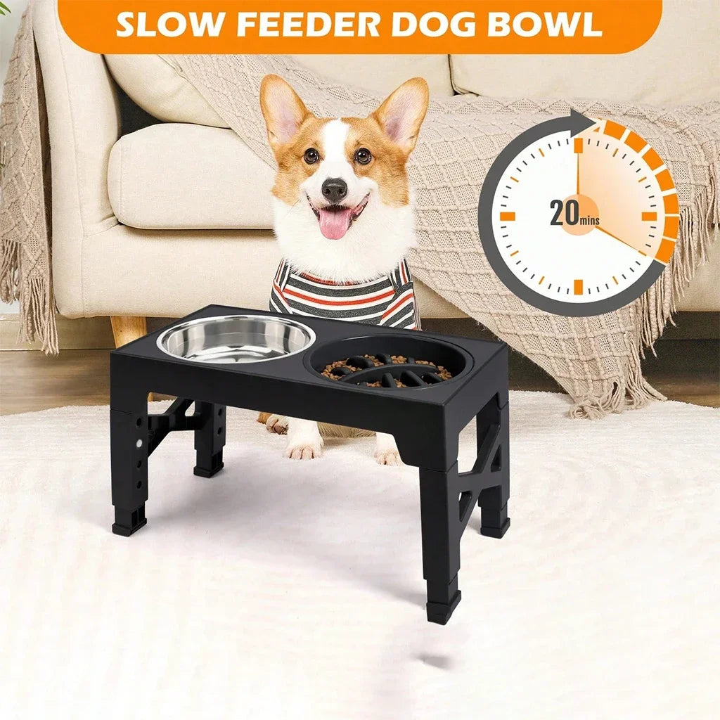 Adjustable Elevated Dog Feeder, 4‑Height Raised Dog Bowl Stand with Slow Feeder & Double Stainless Steel Food Water Bowls, Neck Joint Protection Ergonomic Pet Feeding Station for Small Medium Large Dogs