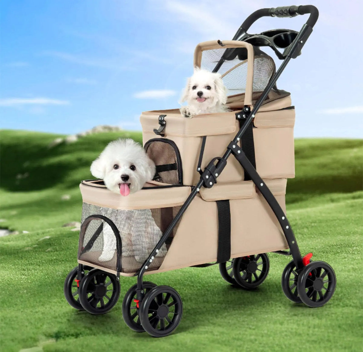 Foldable Double Decker Pet Stroller 4 Wheels Breathable Mesh Puppy Cat Travel Stroller for Multi-Pet Families Outdoor Walking