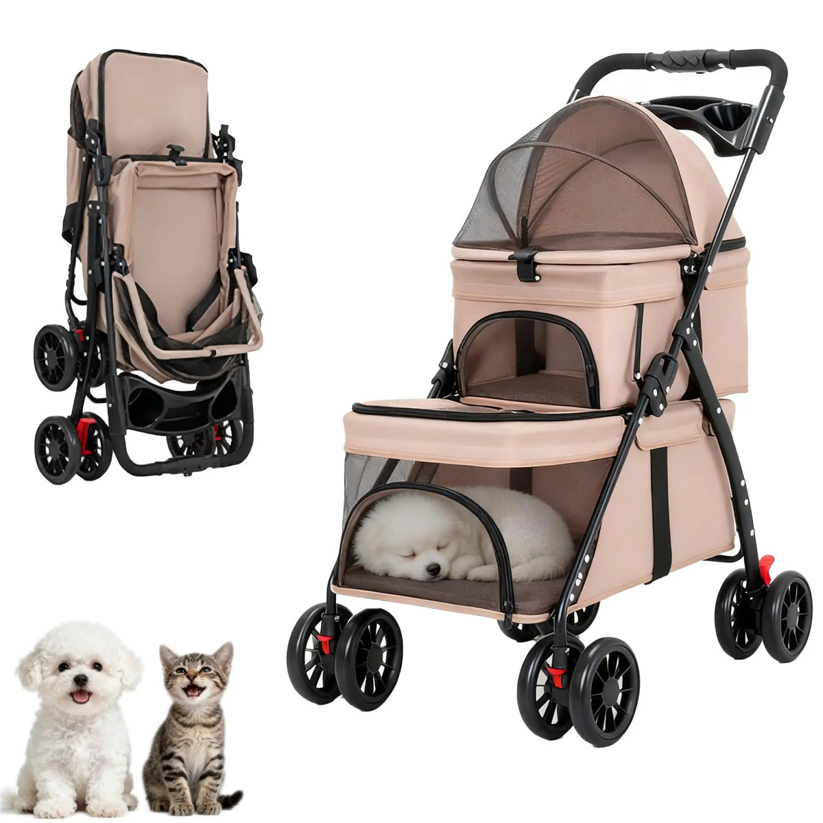Foldable Double Decker Pet Stroller 4 Wheels Breathable Mesh Puppy Cat Travel Stroller for Multi-Pet Families Outdoor Walking