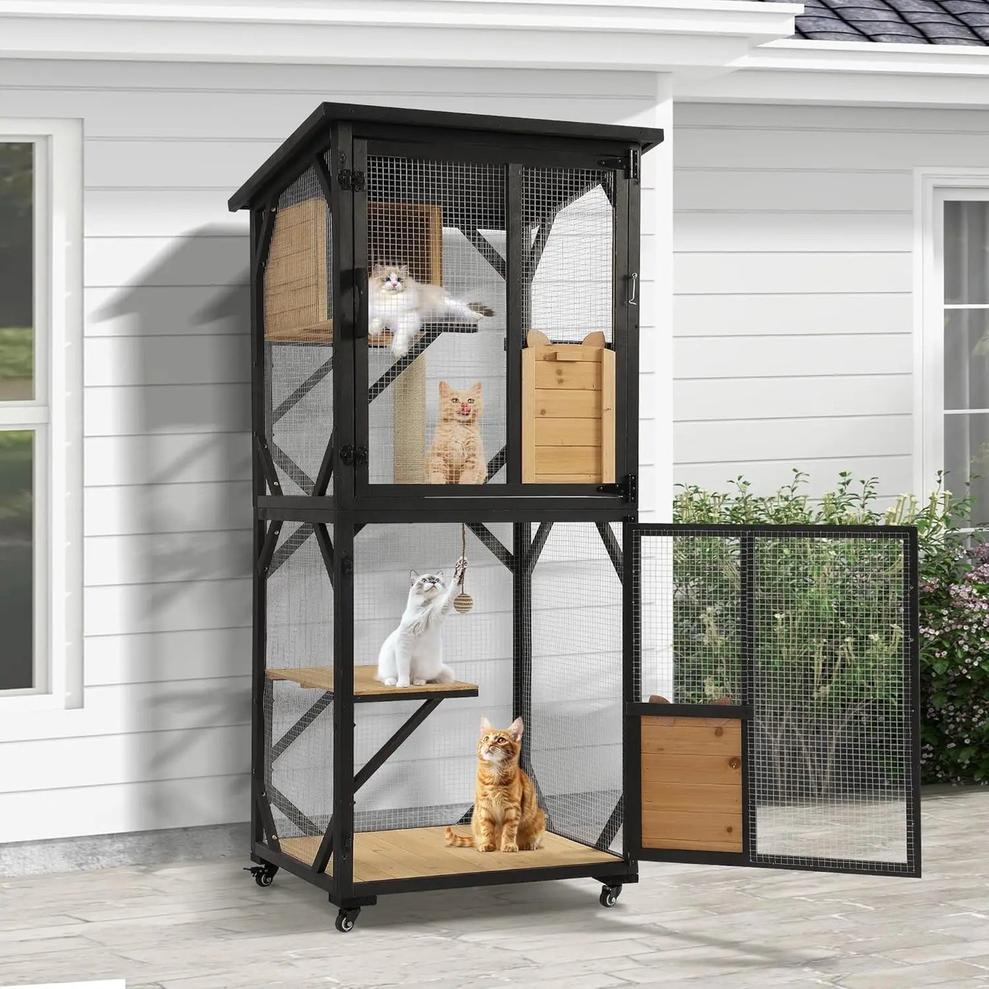 Cat Catio 4 Tiers Outdoor Cat Enclosure Window Access, Indoor Cat House with Wheels and Removable Floor